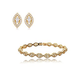 Conjunto de brinco e pulseira cravejado de zirconia cristal banho em ouro 18k