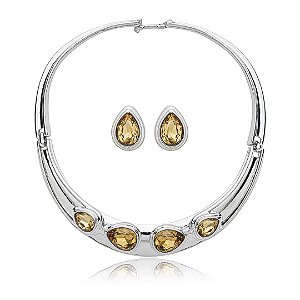 Conjunto de brinco e colar cravejado de zirconia citrino banho em rodio branco