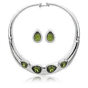 Conjunto de brinco e colar cravejado de zirconia esmeralda banho em rodio branco