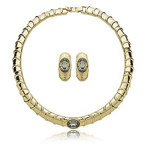 Conjunto de brinco e colar cravejado de zirconia fume banho em ouro 18k