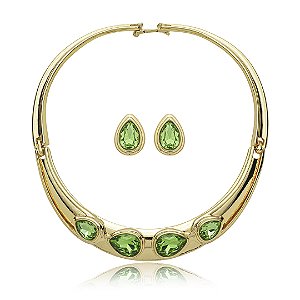 Conjunto de brinco e colar cravejado de zirconia esmeralda banho em ouro 18k