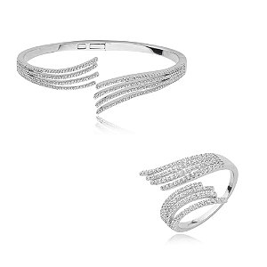 Conjunto de anel e pulseira cravejado de zirconia cristal banho em rodio branco