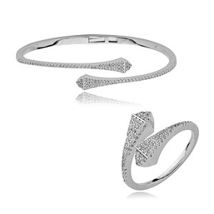 Conjunto de anel e pulseira cravejado de zirconia cristal banho em rodio branco