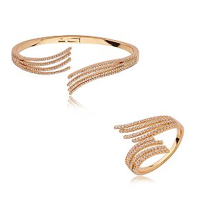 Conjunto de anel e pulseira cravejado de zirconia cristal banho em ouro 18k