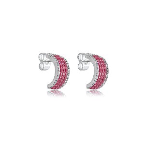 Brinco de base cravejado de zirconia pink banho em rodio branco