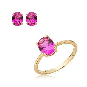 Conjunto de anel e brinco cravejado de zirconia pink banho em ouro 18k