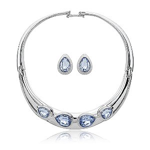 Conjunto de brinco e colar cravejado de zirconia topazio banho em rodio branco