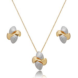 Conjunto de brinco e colar liso acetinado banho duplo