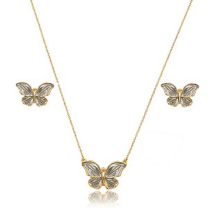 Conjunto de brinco e colar liso acetinado banho duplo