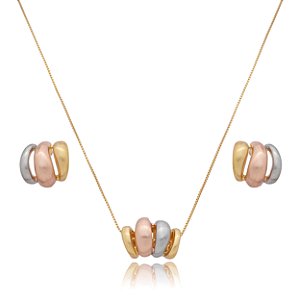 Conjunto de brinco e colar liso acetinado banho triplo