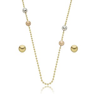 Conjunto de brinco e colar liso acetinado banho triplo