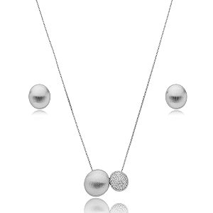 Conjunto de brinco e colar liso acetinado banho em rodio branco
