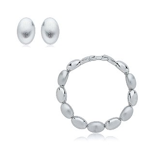 Conjunto de brinco e pulseira acetinado liso banho em rodio branco