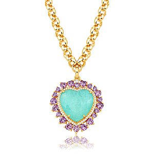 Colar com pingente cravejado de zircônia e pedra fusion turmalina banho em ouro 18k