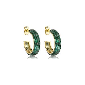 Brinco de argola cravejado de zirconia esmeralda banho em ouro 18k