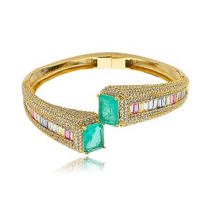 Bracelete cravejado de zirconia rainbow e pedra fusion banho em ouro 18k