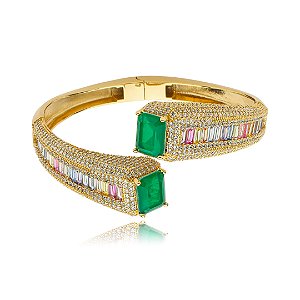 Bracelete cravejado de zirconia rainbow e pedra fusion banho em ouro 18k