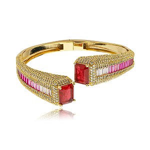 Bracelete cravejado de zirconia pink e pedra fusion banho em ouro 18k