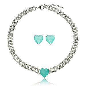 Conjunto de brinco e colar cravejado de zirconia cristal e pedra fusion banho em rodio branco