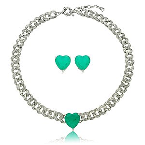 Conjunto de brinco e colar cravejado de zirconia cristal e pedra fusion banho em rodio branco