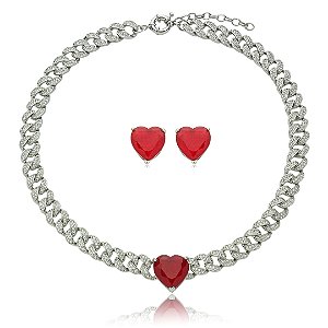 Conjunto de brinco e colar cravejado de zirconia cristal e pedra fusion banho em rodio branco