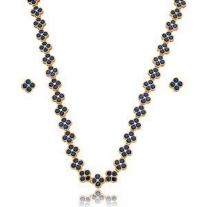 Conjunto de brinco e colar cravejado de zirconia safira banho em ouro 18k