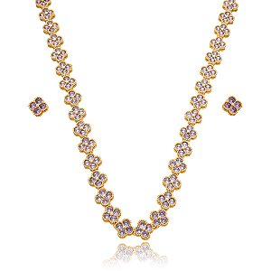 Conjunto de brinco e colar cravejado de zirconia ametista banho em ouro 18k