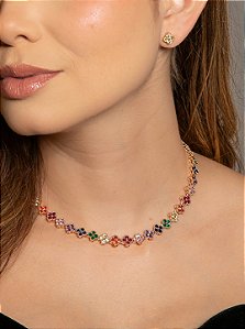 Conjunto flor de brinco e colar cravejado de zircônia colorida banho em ouro 18k