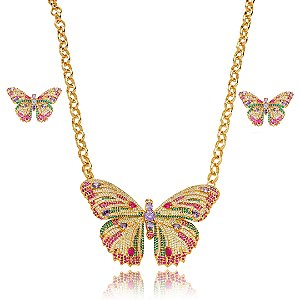 Conjunto de brinco e colar cravejado de zirconia rainbow banho em ouro 18k