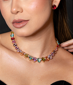 Conjunto de brinco e colar cravejado de zirconia rainbow banho em ouro 18k