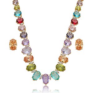 Conjunto de brinco e colar cravejado de zirconia rainbow banho em ouro 18k