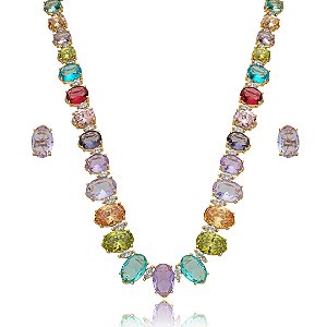 Conjunto de brinco e colar cravejado de zirconia rainbow banho em ouro 18k