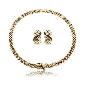 Conjunto de brinco e colar cravejado de zirconia onix banho em ouro 18k