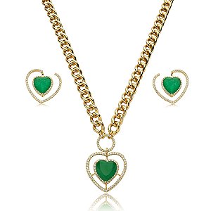 Conjunto de brinco e colar cravejado de zirconia e pedra fusion banho em ouro 18k