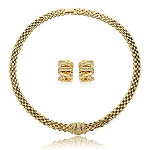 Conjunto de brinco e colar cravejado de zirconia cristal banho em ouro 18k