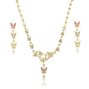 Conjunto de brinco e colar cravejado de zirconia cristal banho em ouro 18k