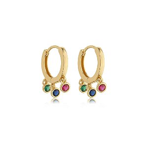 Brinco de argola cravejado de zirconia rainbow banho em ouro 18k