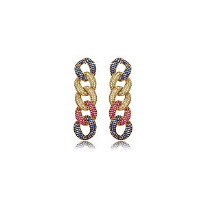 Brinco cravejado de zirconia rainbow banho em ouro 18k