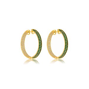 Brinco luxo de argola cravejado de zircônia esmeralda banho em ouro 18k