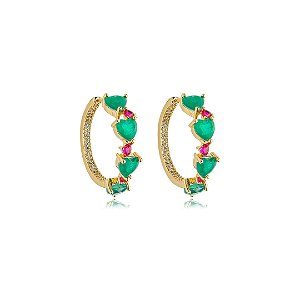 Brinco de argola cravejado de zircônia pink e pedra fusion esmeralda banho em ouro 18k
