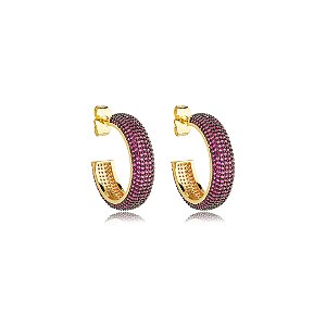 Brinco de argola cravejado de zirconia pink banho em ouro 18k
