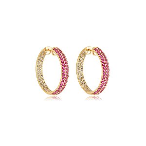 Brinco de argola cravejado de zirconia pink banho em ouro 18k