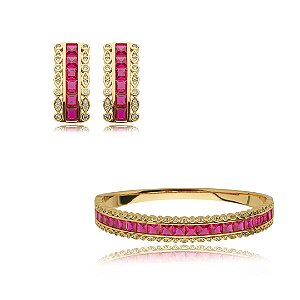Conjunto de brinco e bracelete cravejado de zirconia pink banho em ouro 18k