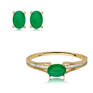 Conjunto de brinco e bracelete cravejado de zircônia cristal e pedra fusion esmeralda banho em ouro 18k