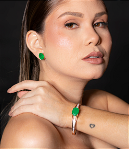 Conjunto de brinco e bracelete cravejado de zirconia e pedra fusion banho em ouro 18k