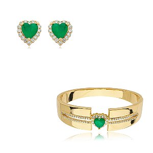 Conjunto de brinco e bracelete cravejado de zirconia e pedra fusion banho em ouro 18k