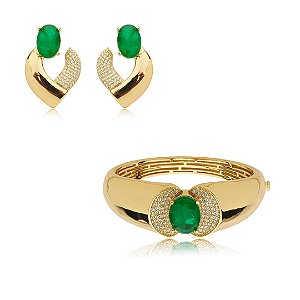 Conjunto de brinco e bracelete cravejado de zirconia e pedra fusion banho em ouro 18k