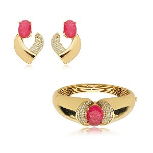 Conjunto de brinco e bracelete cravejado de zirconia e pedra fusion banho em ouro 18k