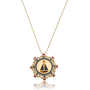 Colar com pingente cravejado de zirconia rainbow banho em ouro 18k