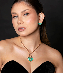 Conjunto de brinco e colar cravejado de zirconia e pedra fusion banho em ouro 18k